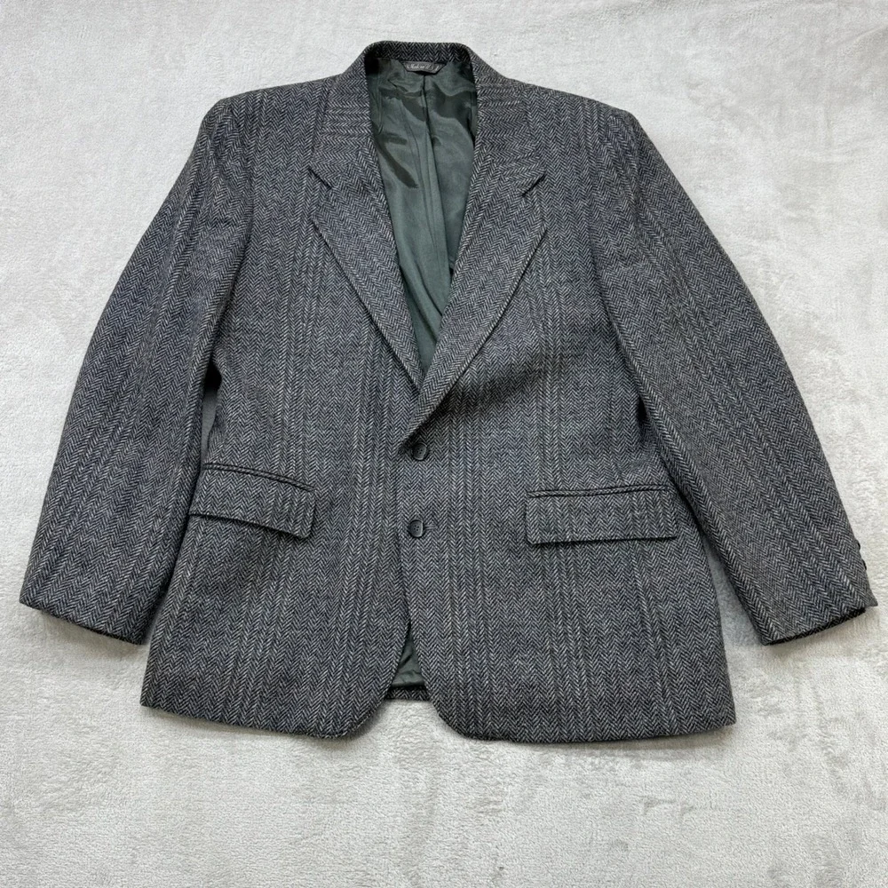 Vintage Levi's Sport Coat Mens 42R Grey Herringbone Tweed Wool Blazer Plaid